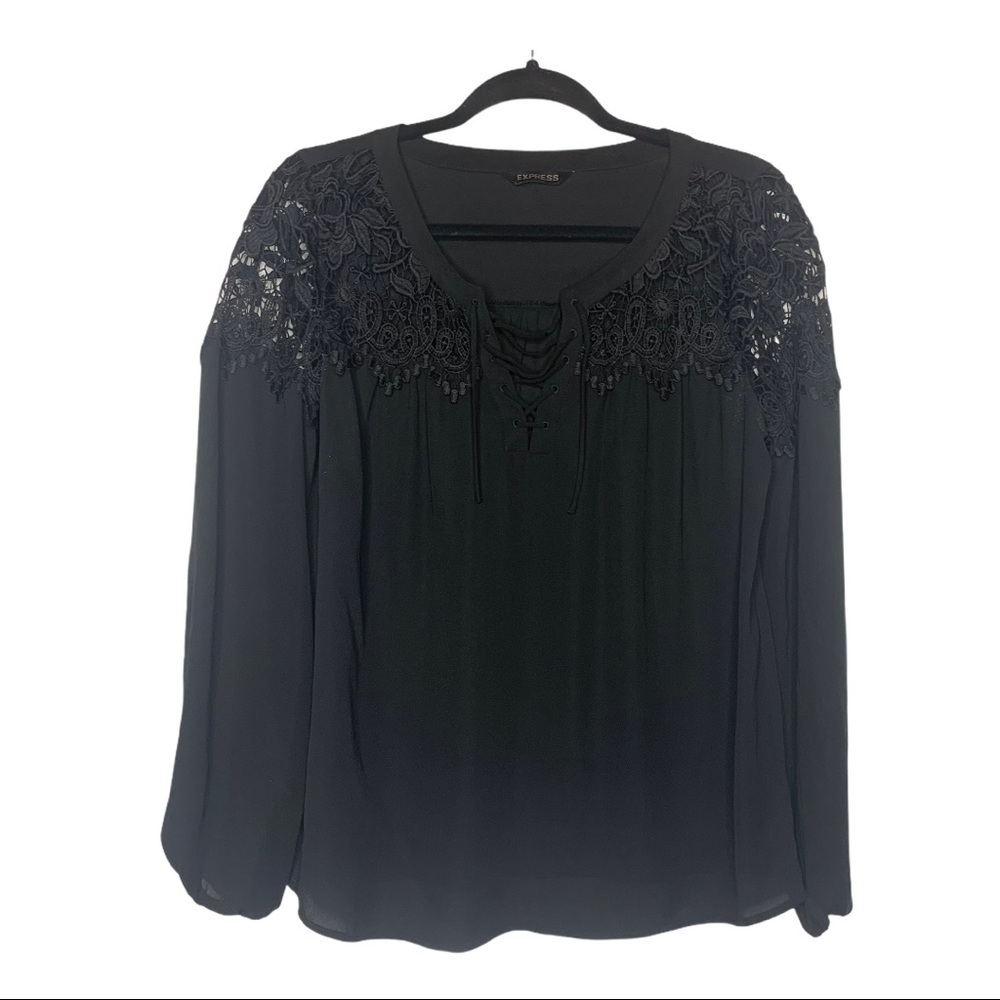 EXPRESS Black Lace Up Top w Lace/Crotchet Details